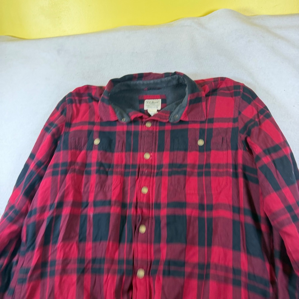 LL Bean Mens Red Black Buffalo Plaid Fleece Lined Flannel Shirt Jacket 513826 L